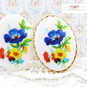 Pair Vintage Colorful Blue, Yellow and Red Flower Bouquet Limoges Cabochons 40x30mm Floral Decal Plastic West German 30x40mm Cameos
