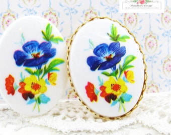 Pair Vintage Colorful Blue, Yellow and Red Flower Bouquet Limoges Cabochons 40x30mm Floral Decal Plastic West German 30x40mm Cameos