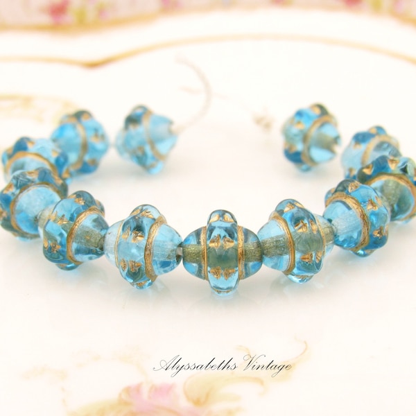 Vintage Style Antique Gold & Transparent Aqua Blue Glass Saturn 7mm Beads, Czech Pressed Glass Beads - 25