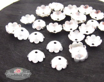 Shiny Silver Plated Scalloped Flower Petal Bead Caps 8mm Minimalist Sterling Plate Floral Bead Caps- 20