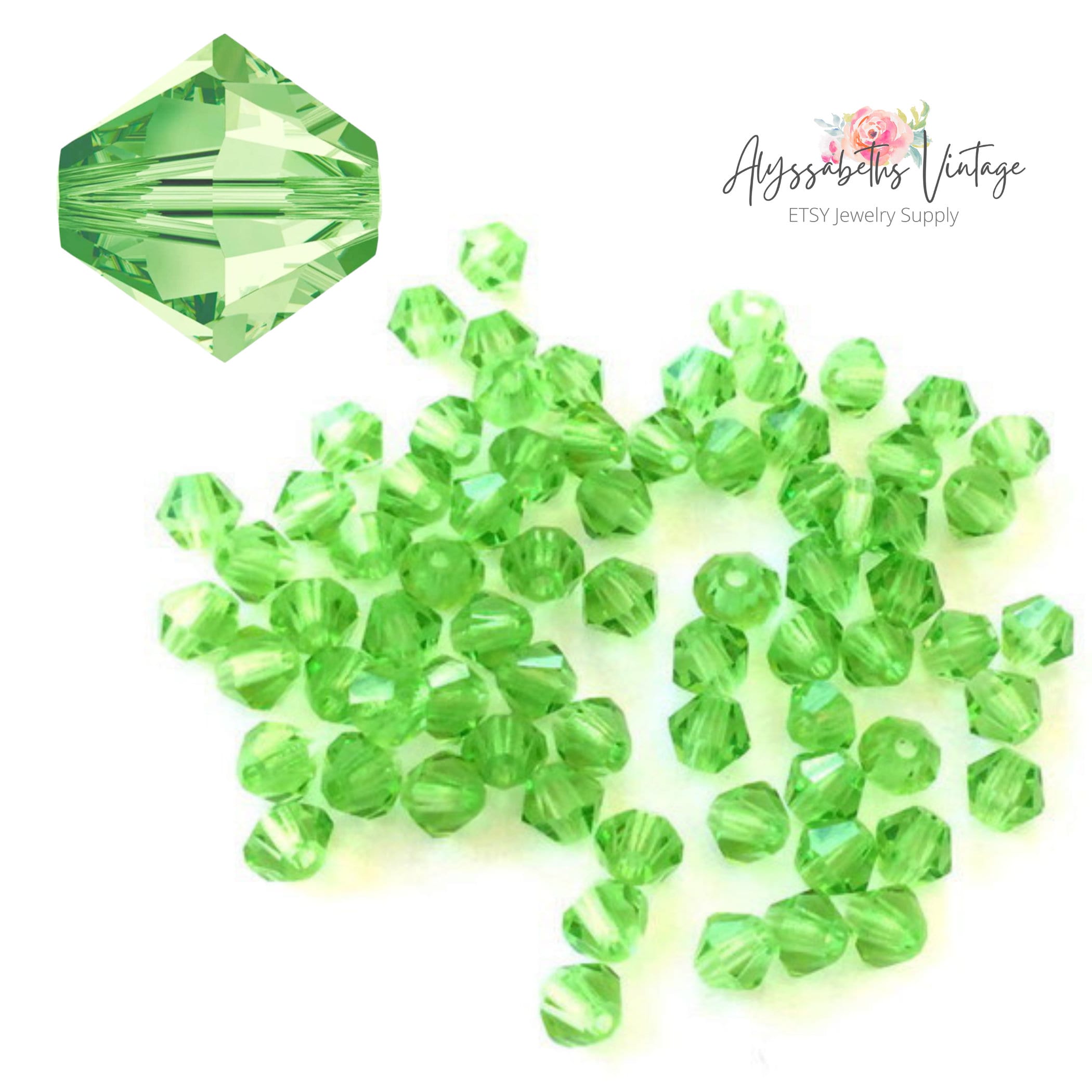 Vintage Austrian Peridot Green Small 4mm Transparent Bicone