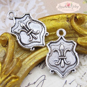 SALE Antique Silver Plate Fleur de Lis Shield Charms 24mm x 15mm Silver Ox French Royalty Pendants - 4