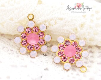 Pink Floral Rhinestone Layered Drops Rose Opal, Light Rose & Matte Rose Crystal Flower Dangles 19x17mm Raw Brass, Black, Silver Ox - 2