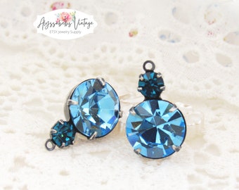 Aquamarine & Indicolite Blue Rhinestone Dangles 18x11mm Crystal Charms 1 Ring Brass, Brass Ox, Matte Black or Antique Silver Settings - 2