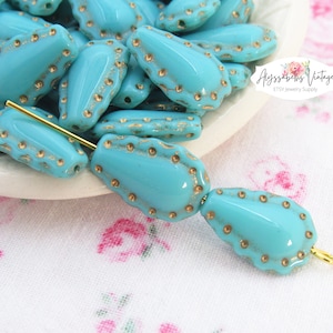 Vintage Style Opaque Turquoise Blue & Antiqued Gold Dot Glass Teardrop Beads, 17x11mm Horseshoe Pear Shaped Czech Glass Drop Beads - 6