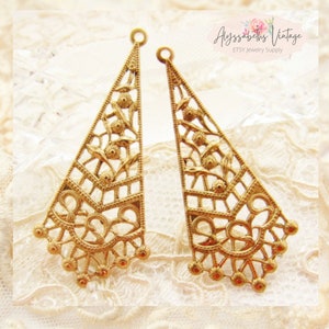 Ornate Raw Brass Victorian Filigree Earring Dangles, 39mm Long Art Nouveau Triangle Shaped Lacey Chandelier Earring Dangles - 4
