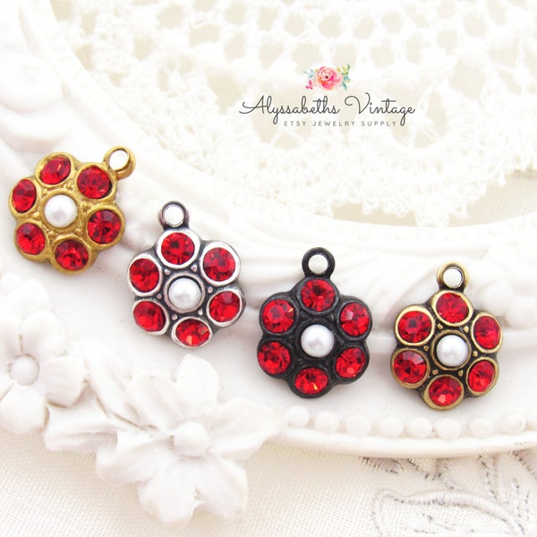 Round Cluster Ruby Red & Ivory Pearl Rhinestone Holiday Flower Charms or Connectors 15x10mm Brass, Black or Silver / Brass Ox Settings