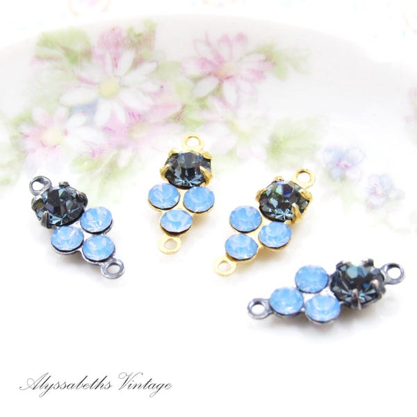 Petite Indian Sapphire & Blue Opal Rhinestone Cluster Connectors 15x6mm Raw Brass, Black, Silver or Brass Ox 2 Ring Links