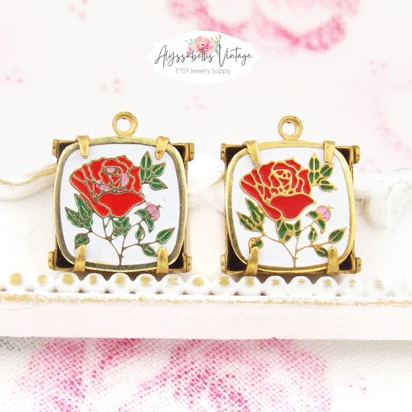 Vintage Red Rose Floral Cloisonné 12mm Square Cabochon Charms or Connectors, Set Metal Enamel Cabochon Drops - Pair