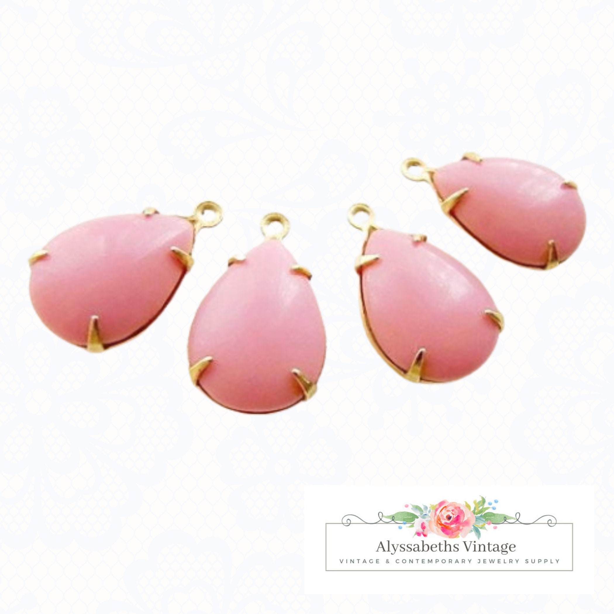 Vintage 15x11m Opaque Pink Teardrop Glass Set Stones in Brass, Matte …