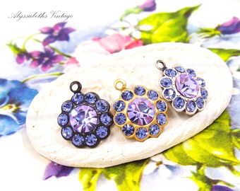 Austrian Violet and Tanzanite Purple Rhinestone Flower 1 Ring Drops 16x13mm Brass, Black or Antique Silver Charm Daisy Settings - 2