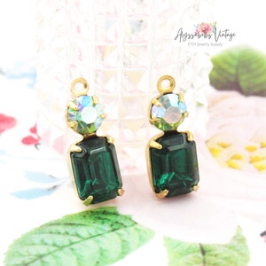 Vintage Austrian Emerald Green Octagon Stone & AB Chrysolite Rhinestone Earring Dangle, 16x6mm Set Rhinestone Charms - 2