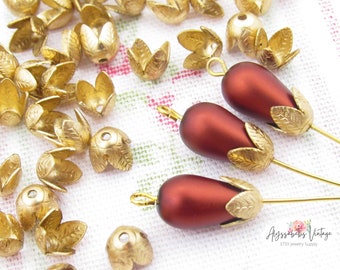 Orante Little Leaf Embossed Petal Raw Brass Bead Caps, 6.5mm Tall x 6.5mm Wide, US Made Sturdy Un-Plated Brass Findings - 10