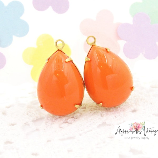 NEW for Spring - Opaque Coral Orange Plastic Teardrop Dangles, 18x13mm Acrylic Pear Stones Raw Brass, Silver/Brass Ox Pendant Settings - 2