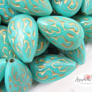 SALE Baroque Green Turquoise and Antiqued Gold Filigree Embossed Teardrop Beads Opaque Plastic Pear Shaped 18x11mm – 10