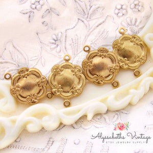 Ornate Scalloped Edge Floral & Swag Embossed Connector, Victorian Round Raw Brass 2 Ring Links 19x14mm - 6