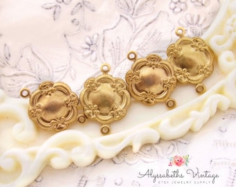 Ornate Scalloped Edge Floral & Swag Embossed Connector, Victorian Round Raw Brass 2 Ring Links 19x14mm - 6