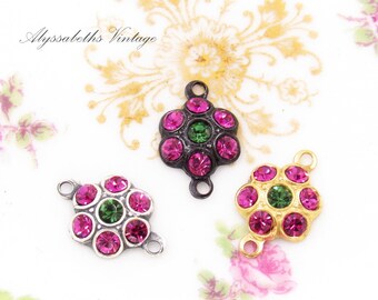 Round Cluster Fuchsia & Green Turmaline Rhinestone Flower Charms or Connectors 15x10mm Brass, Black or Silver / Brass Ox Settings