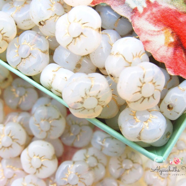 Shabby Chic White Opal & Antique Gold Pansy Flower Beads 9mm Czech Pressed Glass Milky White Floral Beads -10