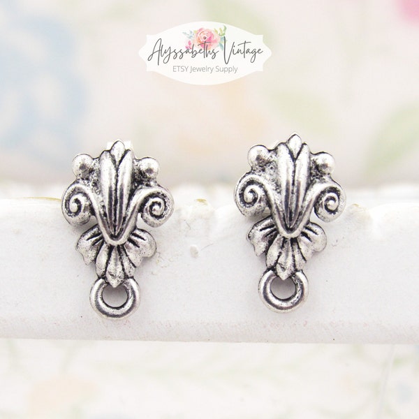 Antiqued Silver Ox Plated Baroque Fancy Fleur de Lis Pewter Earring Posts with Loop Ear Studs Post Earring Findings Jewelry Supply - 2