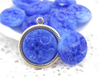 Vintage Japanese Marbled Blue Pressed Glass Flower Cabochons 18mm Round Etched Floral Flat Back Stones - Pair
