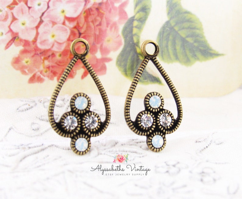 Art Deco Filigree Drops with White Opal & Clear Rhinestones image 0