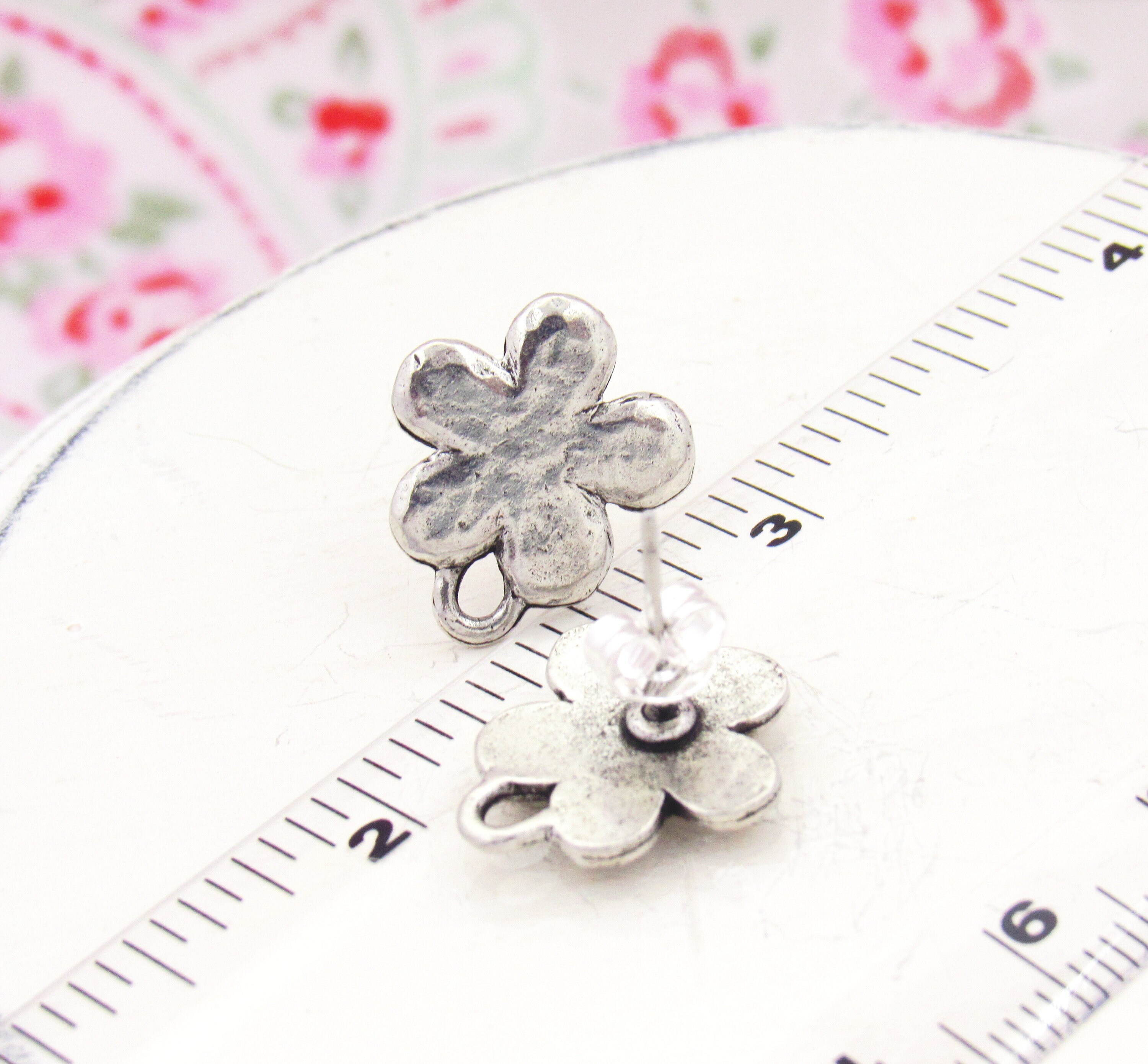 Antique Silver Plated Pewter Flower Earring Posts With Loop Floral ...