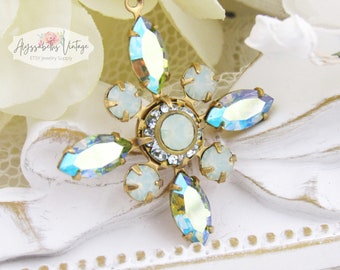 Vintage Austrian AB Chrysolite, Light Azure & Chrysolite Opal Rhinestone Clematis Star Flower Pendant 30mm 1 Ring Brass, Black or Silver Ox