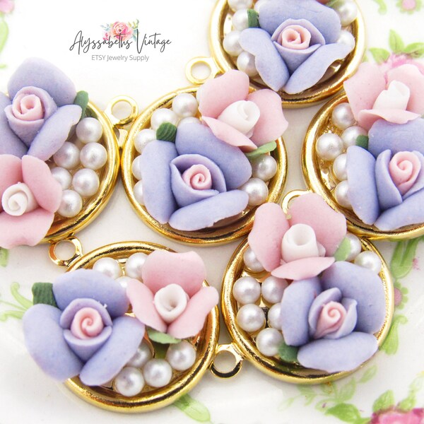 Vintage Pink & Lavender Porcelain Roses with Pearls Gold Pendants, Handmade Gold Charm set with Faux Pearls and Bisque Flowers - Pair