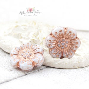 Opaque White with Luster Copper Finish Wild Rose Flower Beads 14mm, Alabaster & Antique Gold Anemone Pressed Glass Floral Beads - 6