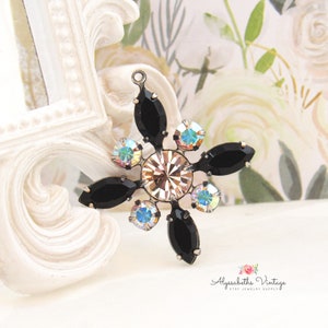 Elegant Jet Black, Gold Quartz & AB Crystal Rhinestone Clematis Star Flower Pendant 30mm 1 Ring Brass, Black, Brass/Silver Ox Setting – 1