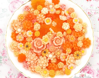 Shades of Peach / Orange Resin Flower Cabochon Mix, Floral Grab Bag Roses Mum, Daisy Flat Back Variety Pack 20 Floral Blossoms Embellishment