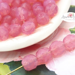 8mm Faceted Round Rose Pink Opal Beads, Preciosa Czech Glass Fire Polished Bead - 20