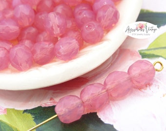 8mm Faceted Round Rose Pink Opal Beads, Preciosa Czech Glass Fire Polished Bead - 20