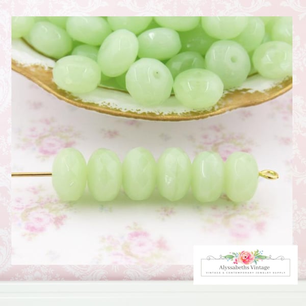 Pale Green Chrysolite Opal 9x6mm Puffy Rondelle Glass Beads, Imported Czech Preciosa Faceted Glass Spacer Donut Beads – 12