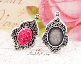 Victorian 10x8mm Oval Antique Silver Ox Oriental Floral Embossed Earring Drops Settings, Cab Flat Back Bezel Charm Settings – 4