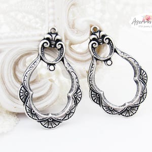Victorian Antiqued Silver Ox Victorian Art Deco Ornate Earring Drops Scalloped Dangles 2 Rings - 4