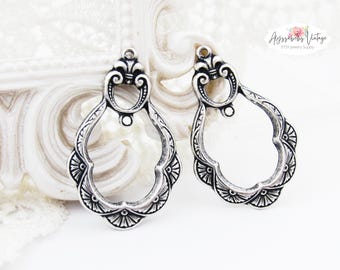 Victorian Antiqued Silver Ox Victorian Art Deco Ornate Earring Drops Scalloped Dangles 2 Rings - 4