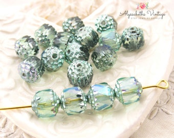 Iridescent AB Chrysolite Green 8mm Cathedral Czech Glass Beads - Pressed Glass Light Green Crown Beads – 10