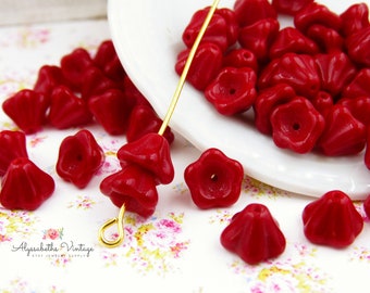 Opaque Dark Red Glass Bell Flower Beads 8x6mm Pressed Glass Floral Beads - 25