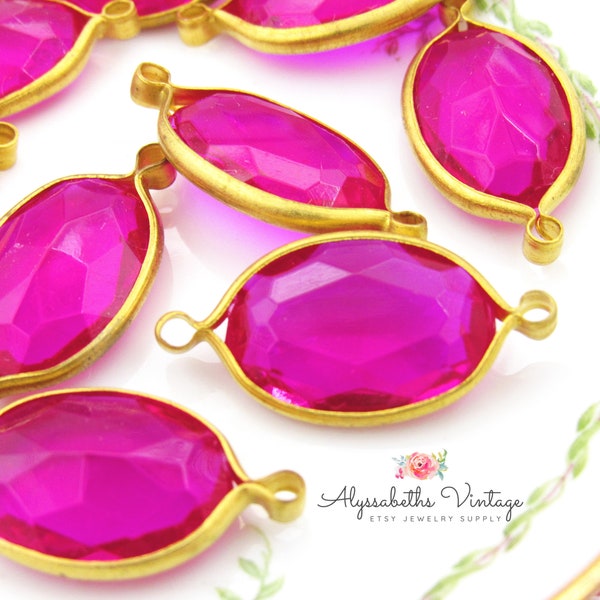 Retro Vintage Bright Transparent Fuchsia Oval Faceted Acrylic Jewels & Brass Connectors, 2 Ring Link Findings 26x13mm - 4