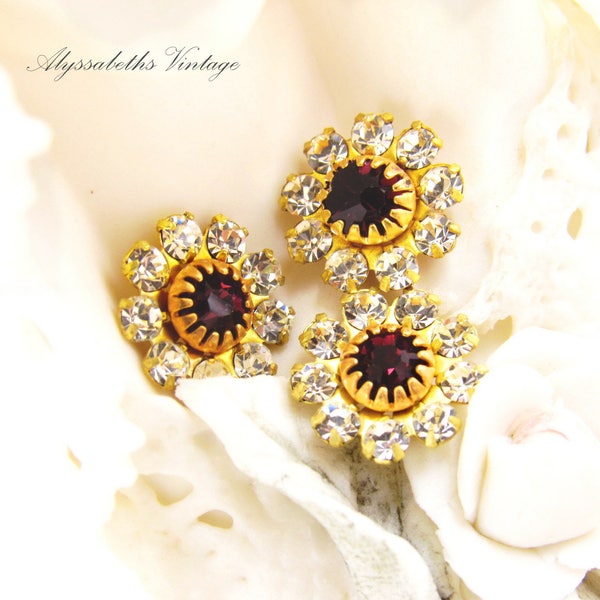 Vintage Austrian Crystal and Amethyst Layered Flower Rhinestone Embellishments 11mm Round Floral Embedding Elements - 4