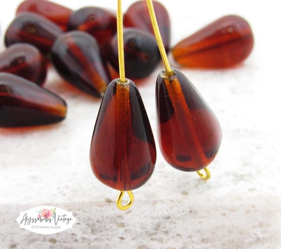 Transparent Madeira Topaz Glass Teardrop Beads 18x11mm Dark Brown Pear Shaped Czech Jet Pressed Glass Beads - 6