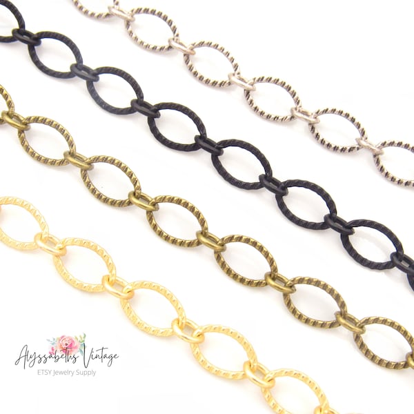 Fancy Textured Oval Cable Chain Silver Ox, Matte Black, Satin Hamiton Gold, Antique Brass Patina Chain 9x6mm & 4mm 21 Gauge Links 1 Ft.