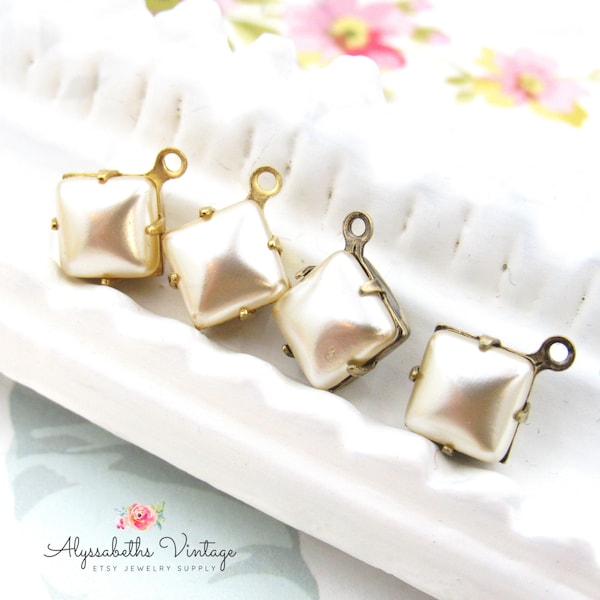 Vintage Ivory Pearl 8mm Square Pearlized Glass Cabochon Drops or Connector in Brass, Silver or Brass Ox Settings - 2