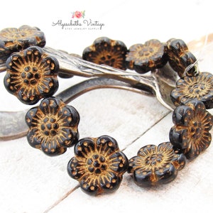 Pressed Glass Opaque Jet Black & Antiqued Bronze Wild Rose Flower Beads 14mm, Onyx with Bronze Wash Anemone Floral Beads - 6