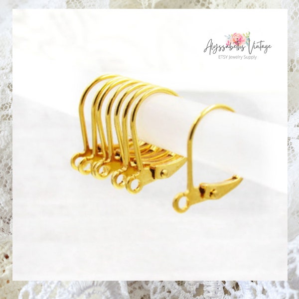 Gold Leverback Earring Lever Back Earring Hooks 18k Gold Plate Findings with Ring US Made Jewelry Supply - 12