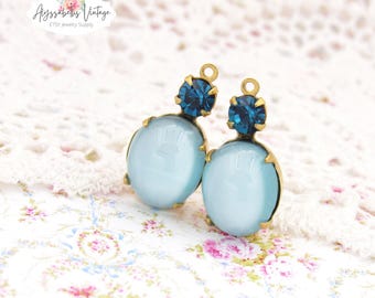 Vintage Aqua Månsten Oval Juvel & Indicolit Strass Berlocker, 19 x 10 mm Hängande Rå Mässing, Mässing Oxe, Svarta eller Silver Ox Droppar - 2