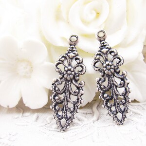 Vintage Style Antique Silver Victorian Floral Filigree Pointed Earring Dangle Connector Lacey Charm 27x9mm 4 image 3