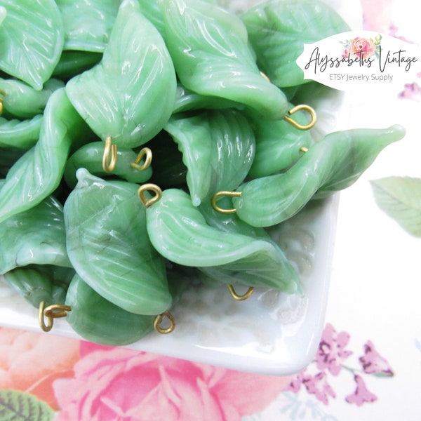 Long Milky Jadeite Green Glass Twist Leaves Charms 24x14mm Handcrafted Green Opal Glass Leaf Bead with Brass Loop Pendants - 6